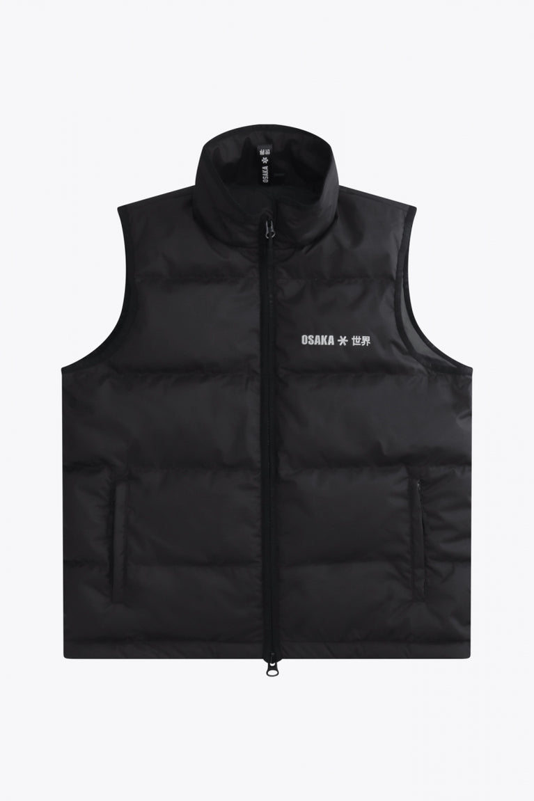 Osaka women padded gilet in black with white logo. Front flatlay view