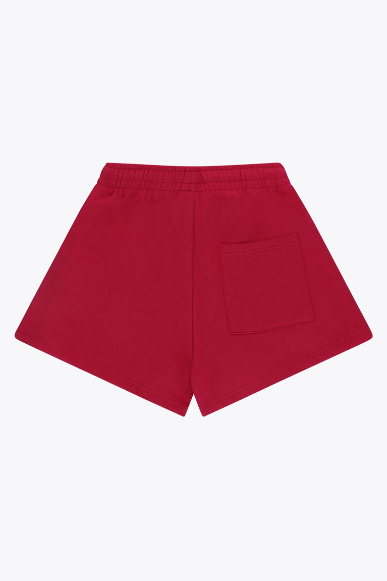 Osaka women shorts in red with logo in white. Back flatlay view