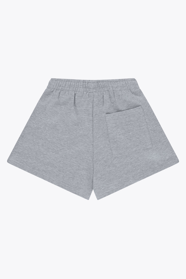 Osaka women shorts in heather grey with logo in white. Back flatlay view