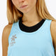 Woman wearing the Osaka women singlet in light blue with logo in grey. Front detail logo view