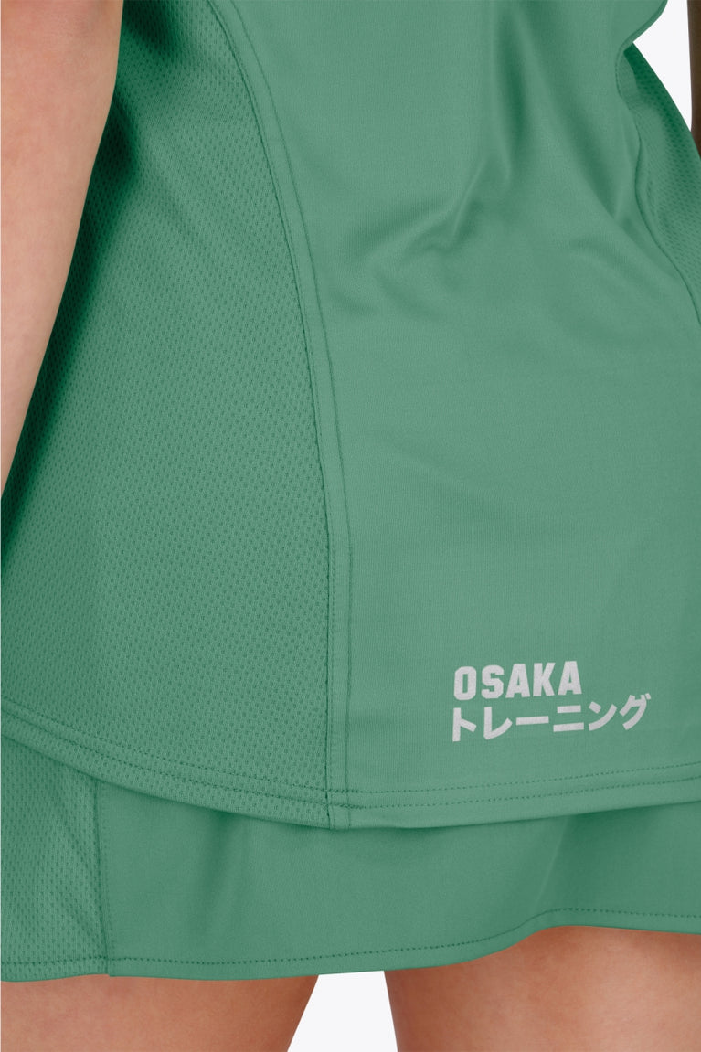 Osaka women singlet in green with logo in grey. Back detail logo view