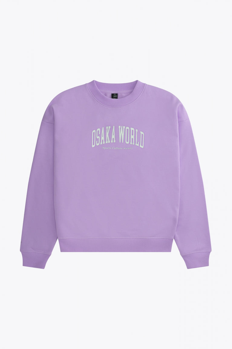 Osaka women sweater in light purple with logo in white. Front flatlay view