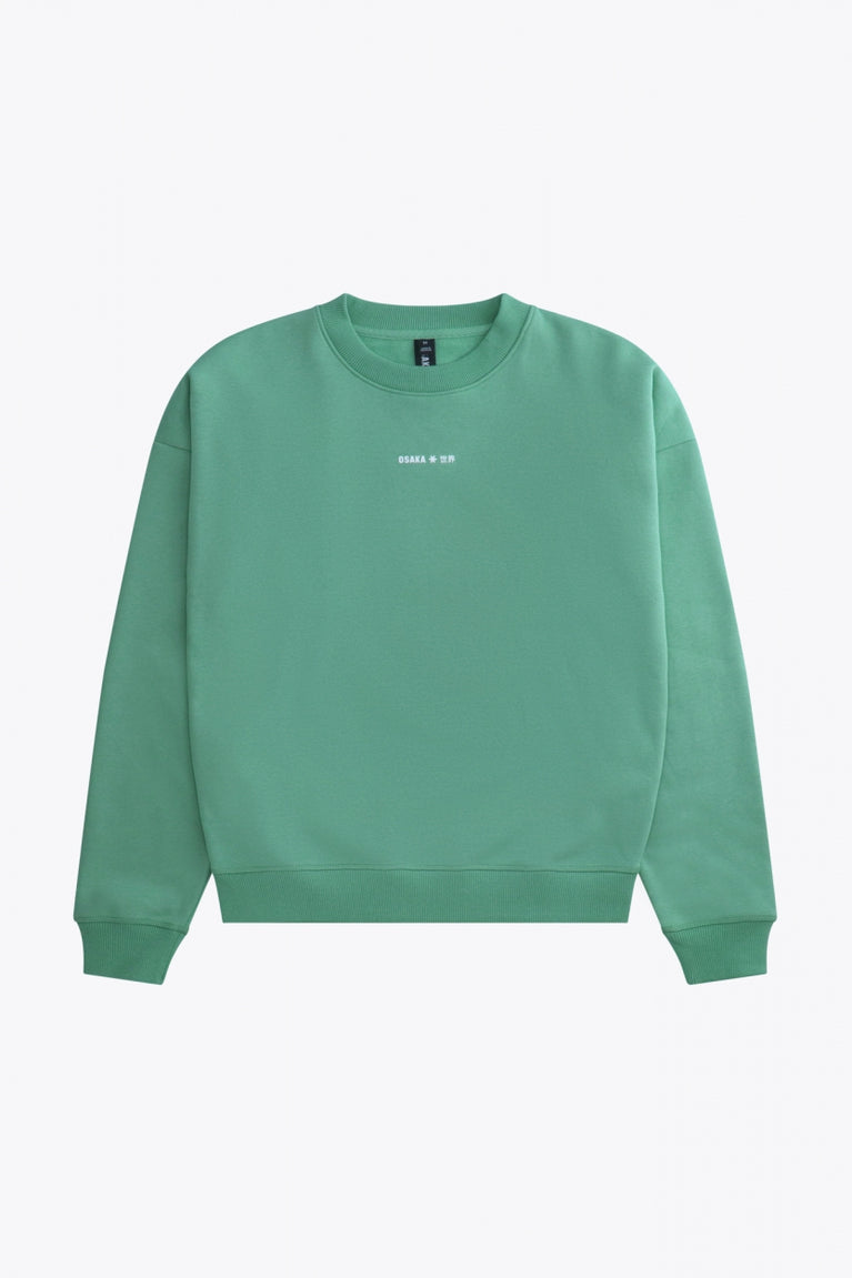 Osaka women sweater in green with logo in white. Front flatlay view