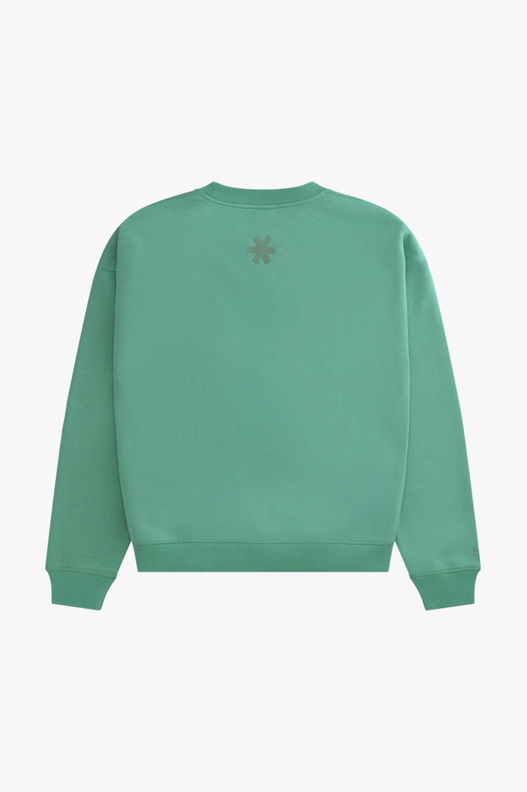 Osaka women sweater in green with logo in white. Back flatlay view