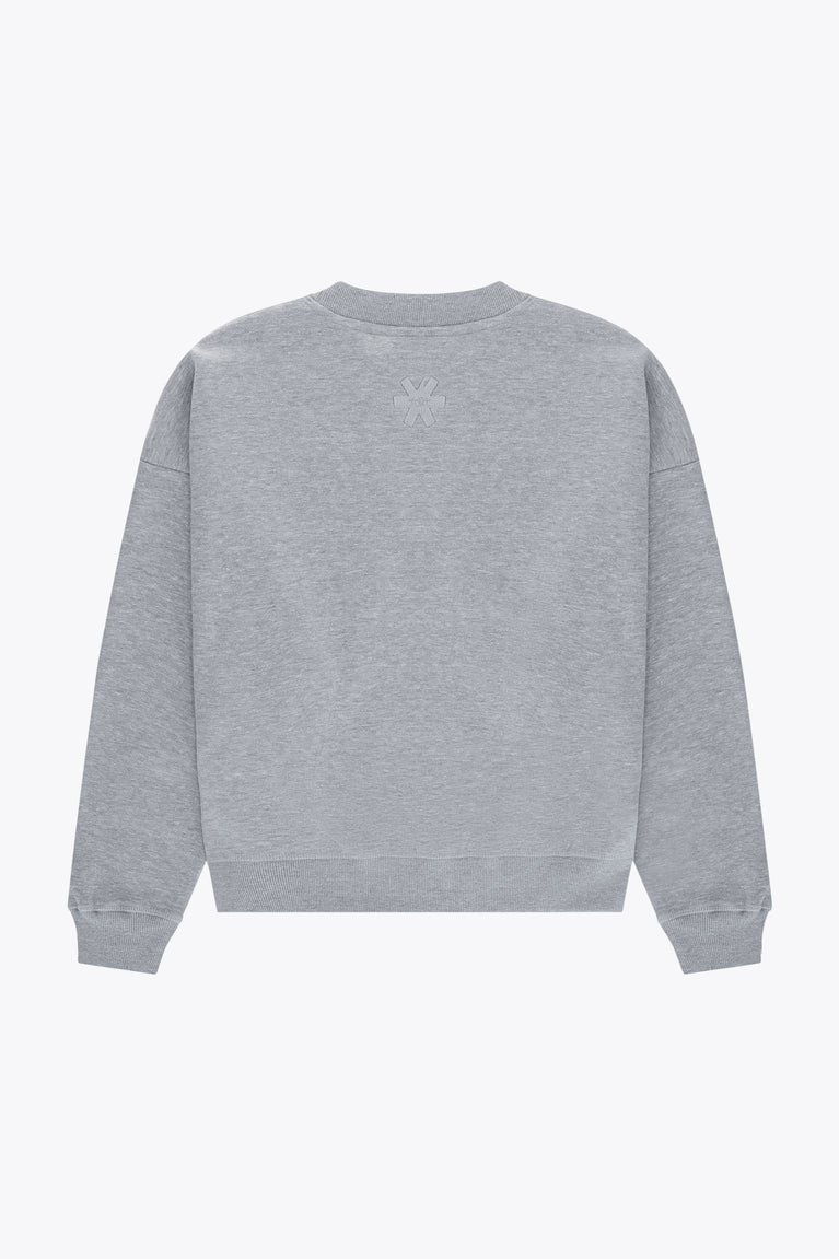 Osaka women sweater in heather grey with logo in white. Back flatlay view
