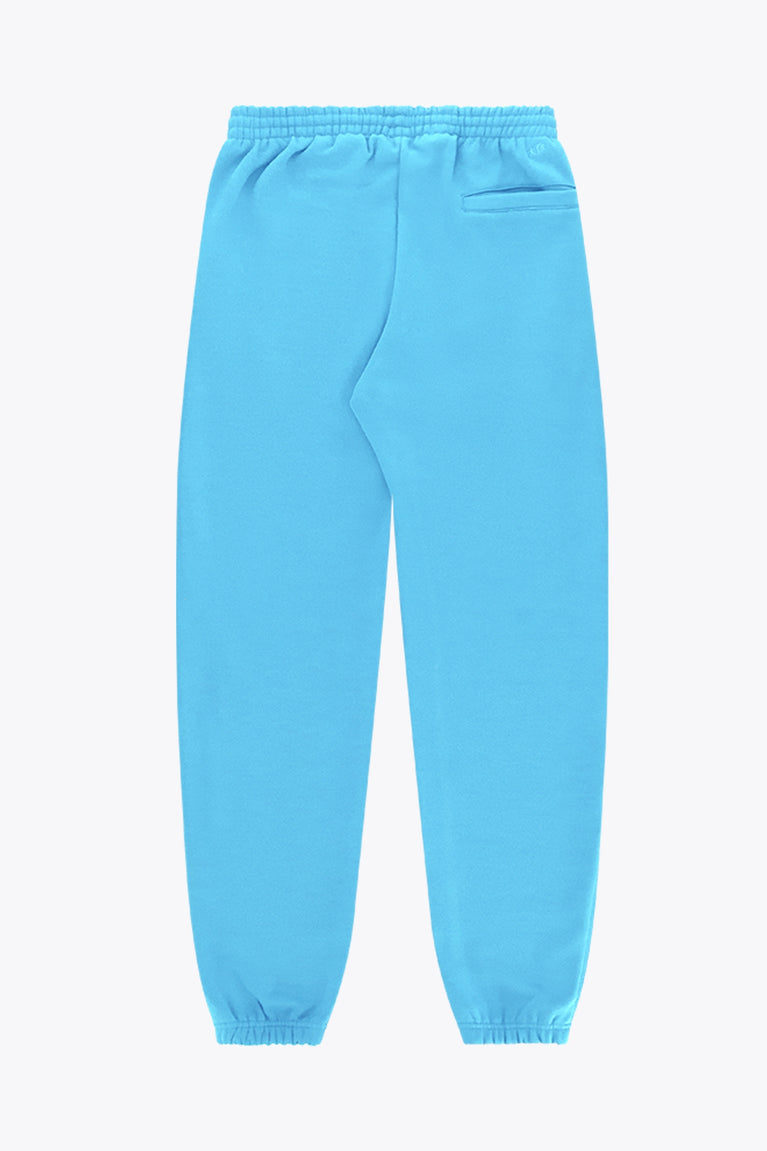 Osaka women sweatpants in light blue with logo in white. Back flatlay view