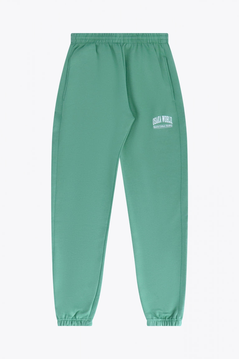 Osaka women sweatpants in green with logo in white. Front flatlay view