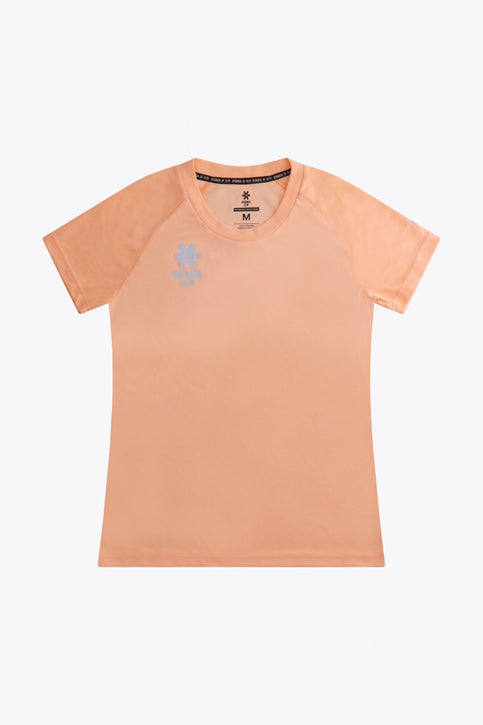 Osaka women tee short sleeve in peach with logo in grey. Front flatlay view