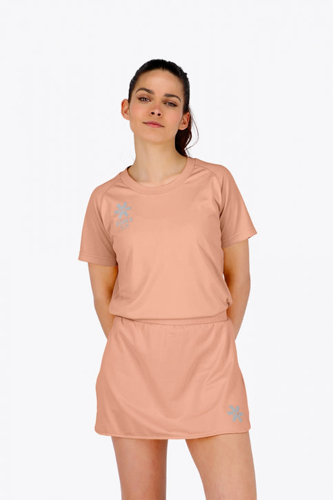 Osaka women tee short sleeve in peach with logo in grey. Front flatlay view
