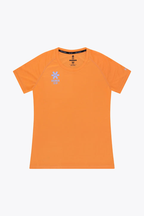 Osaka women tee short sleeve in orange with logo in grey. Front flatlay view