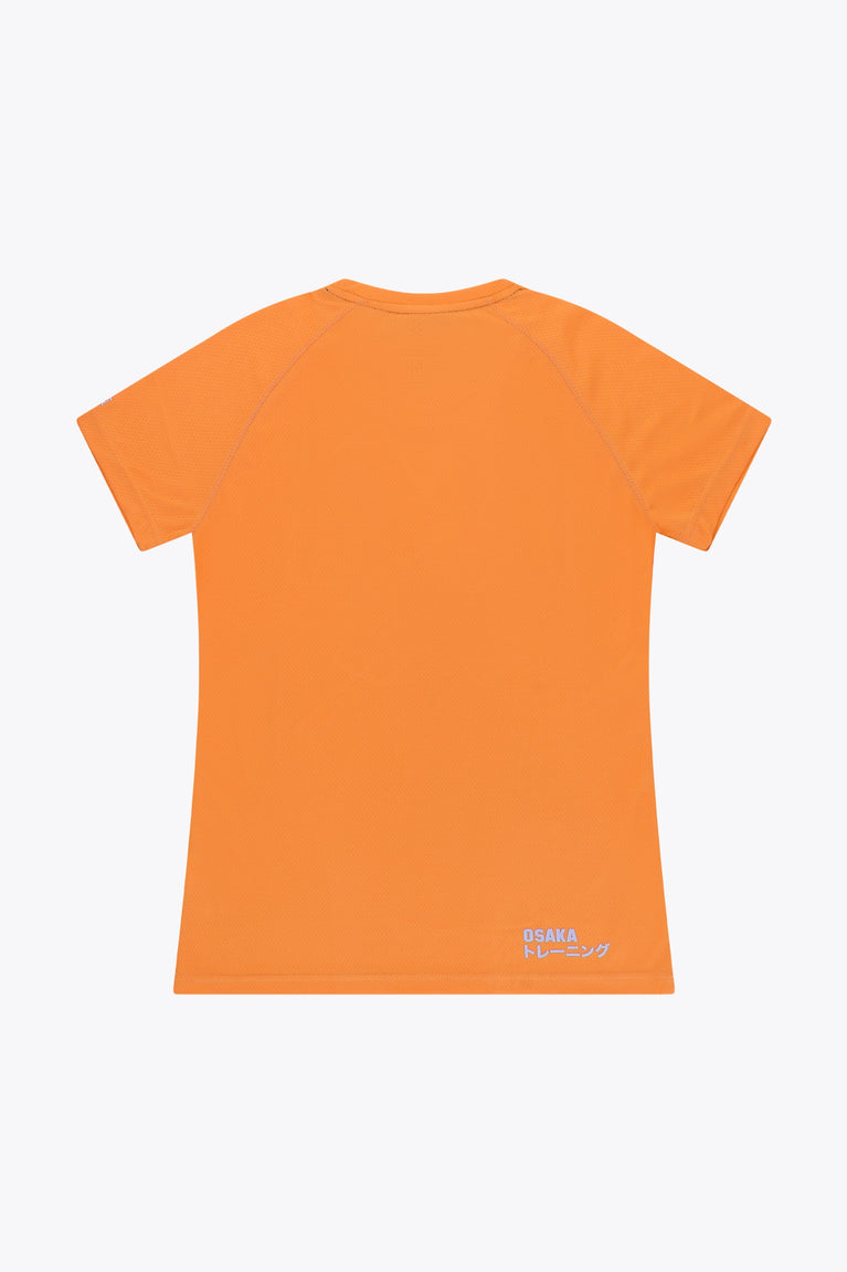 Osaka women tee short sleeve in orange with logo in grey. Back flatlay view