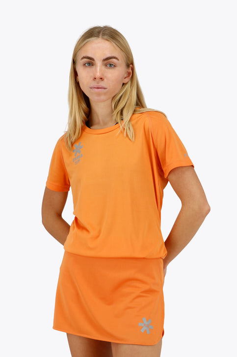 Osaka women tee short sleeve in orange with logo in grey. Front flatlay view
