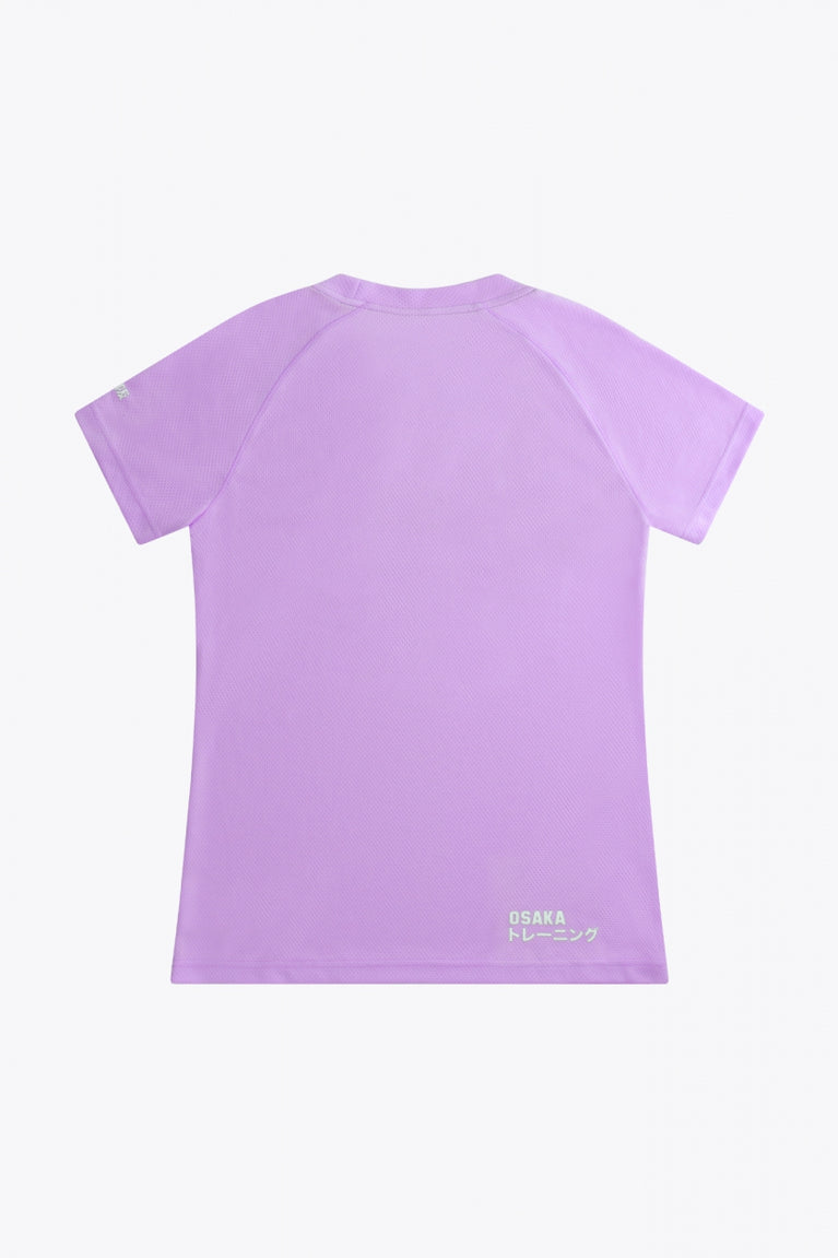 Osaka women tee short sleeve in light purple with logo in grey. Back flatlay view