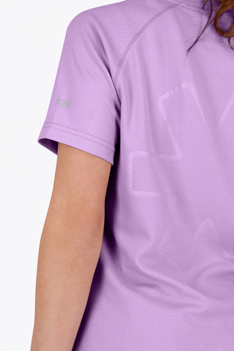 Osaka women tee short sleeve in light purple with logo in grey. Back detail view