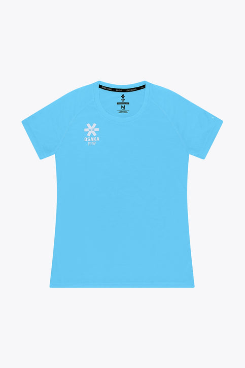 Osaka women tee short sleeve in light blue with logo in grey. Front flatlay view
