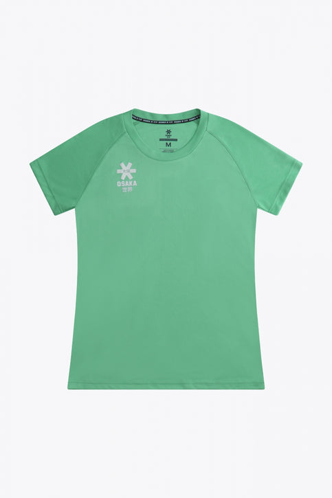 Osaka women tee short sleeve in green with logo in grey. Front flatlay view