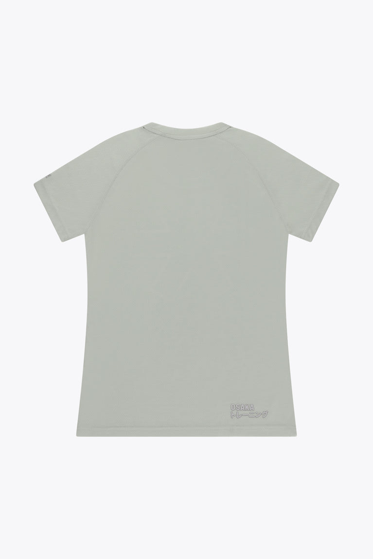 Osaka women tee short sleeve in light grey with logo in grey. Back flatlay view