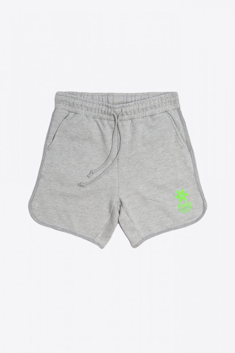 Osaka Men padel shorts in grey with green logo on it. Front flatlay view