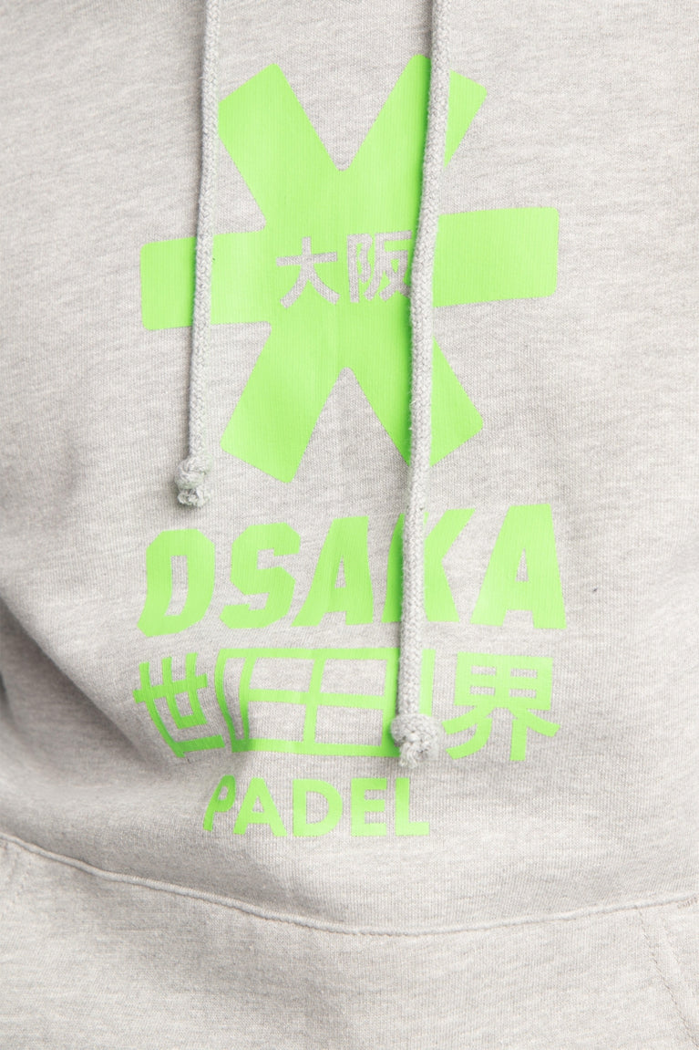 the Osaka basic unisex hoodie in grey with green logo on it. Front detail logo view