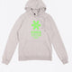 the Osaka basic unisex hoodie in grey with green logo on it. Front flatlay view