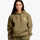 Girl wearing the Osaka unisex hoodie in army green with college initials in yellow. Front view