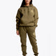 Girl wearing the Osaka unisex hoodie in army green with college initials in yellow. Front full view