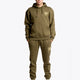 Boy wearing the Osaka unisex hoodie in army green with college initials in yellow. Front full view
