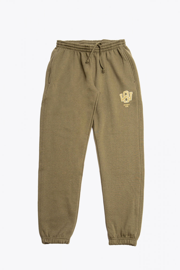 Osaka unisex sweatpants in army green with logo in yellow. Front flatlay view
