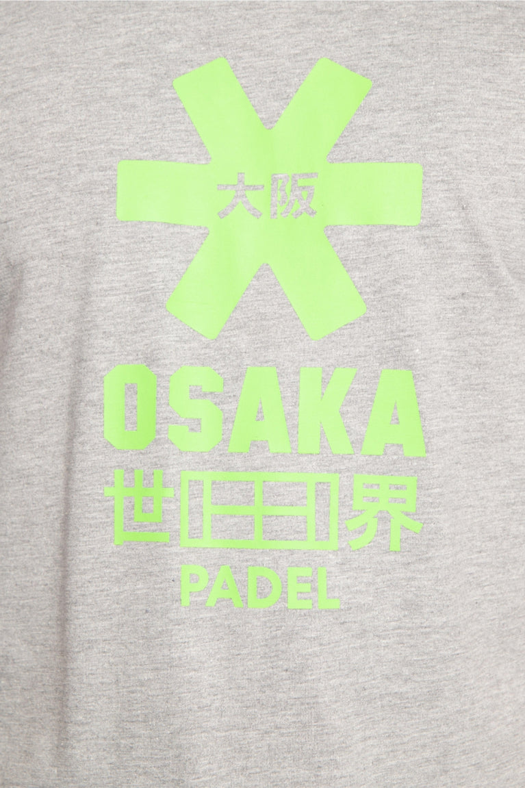Osaka unisex tee in heather grey with green logo. Detail logo view