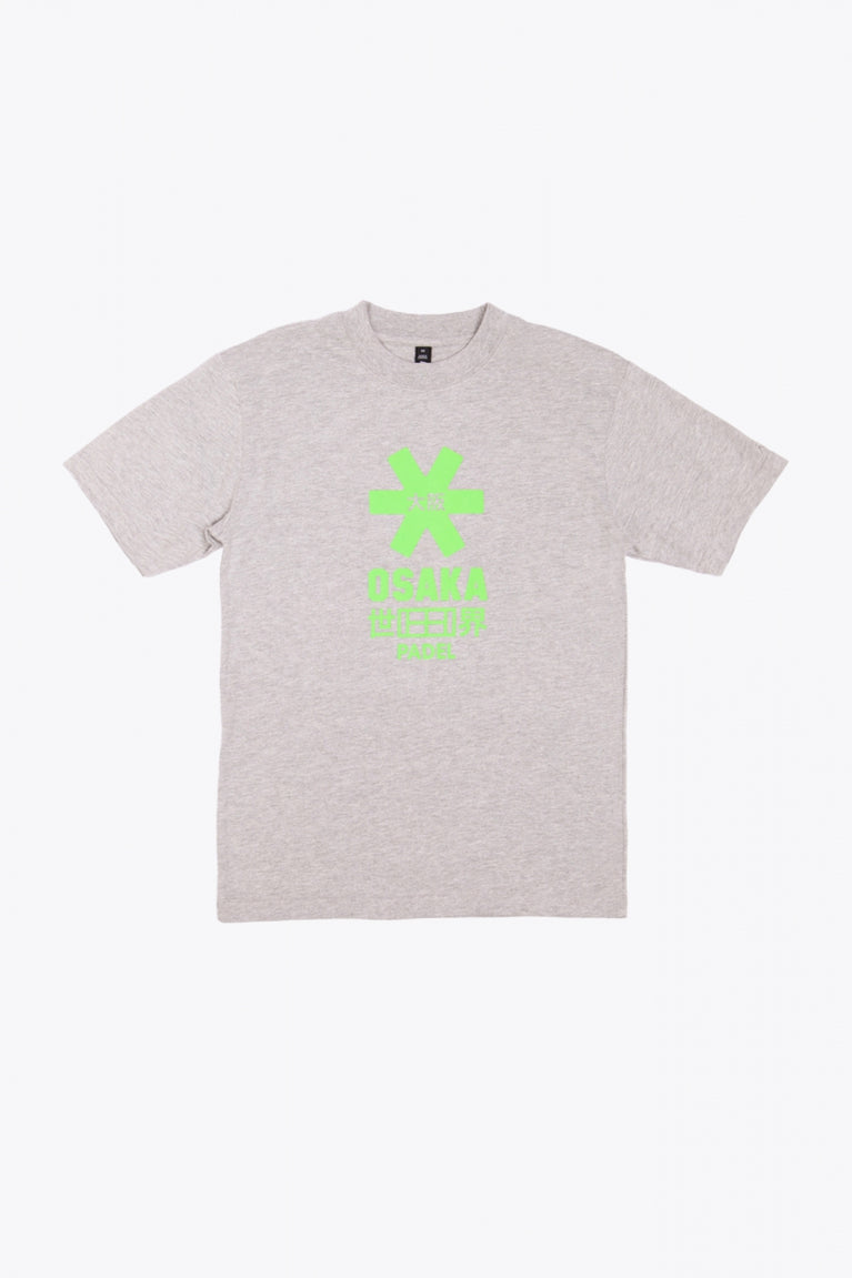 Osaka unisex tee in heather grey with green logo. Front flatlay view