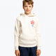 Boy wearing the Osaka kids hoodie in natural raw with college letters in orange and logo in blue. Front view