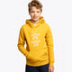 Boy wearing the Osaka kids hoodie in ochre and marker logo in white. Front view