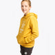 Girl wearing the Osaka kids hoodie in ochre and marker logo in white. Front/side view