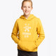 Girl wearing the Osaka kids hoodie in ochre and marker logo in white. Front view
