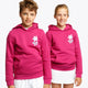 Boy and girl wearing the Osaka kids hoodie in pink and off-set star logo in white and blue. Front view