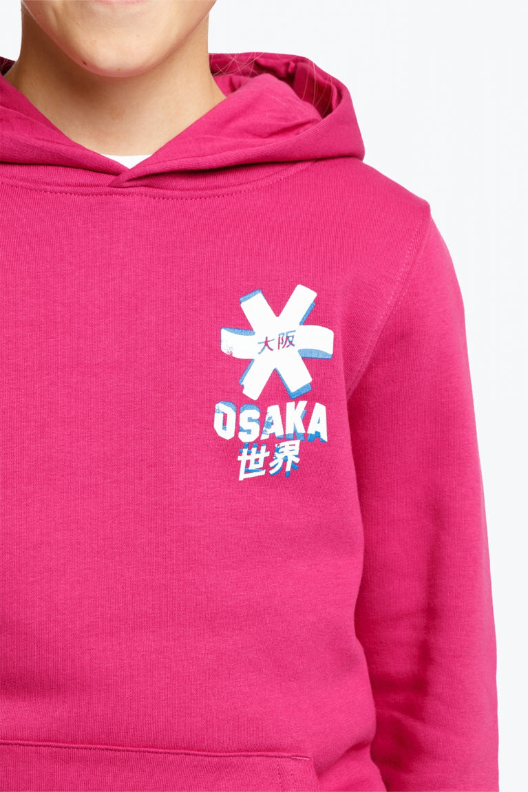 Osaka kids hoodie in pink and off-set star logo in white and blue. Detail logo view