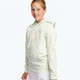 Girl wearing the Osaka kids hoodie in mint green with logo in college letters in white. Front/side view