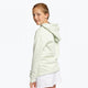 Girl wearing the Osaka kids hoodie in mint green with logo in college letters in white. Back view