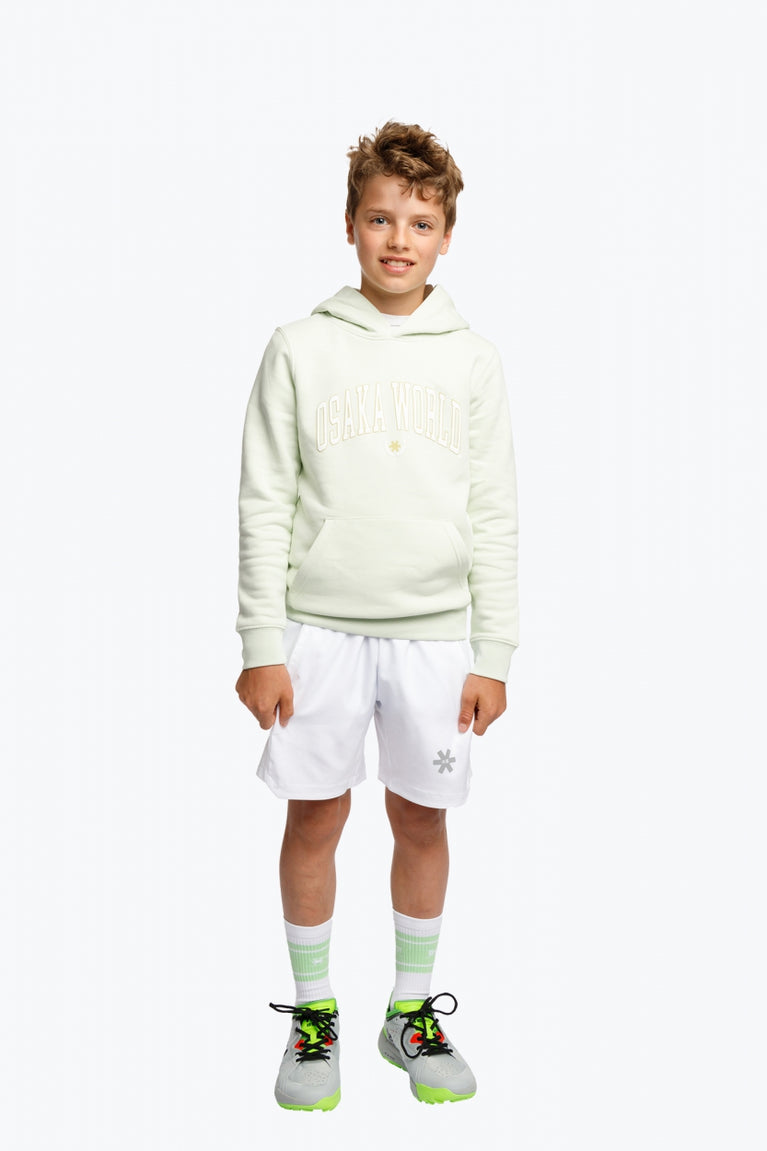 Boy wearing the Osaka kids hoodie in mint green with logo in college letters in white. Front full view