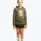 Girl wearing the Osaka kids hoodie in khaki with yellow logo. Full front view