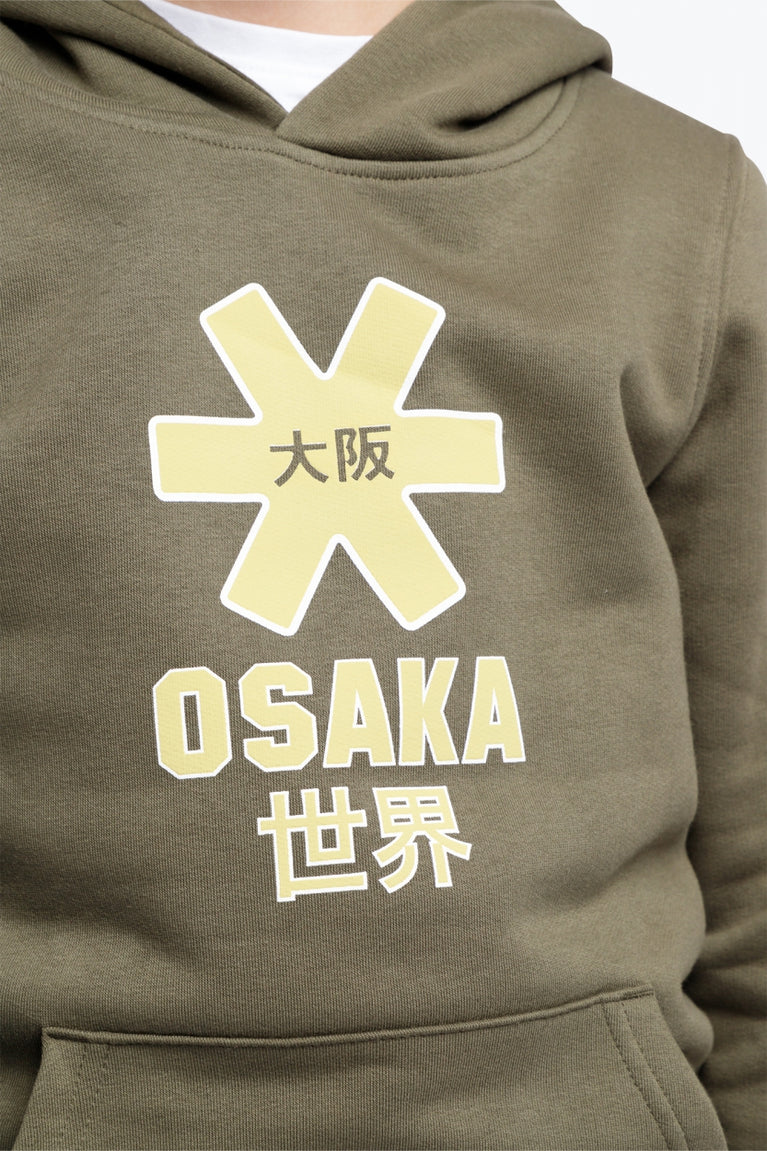 Osaka kids hoodie in khaki. Front view detail of yellow logo
