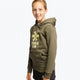 Girl wearing the Osaka kids hoodie in khaki with yellow logo. Side/front view