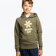 Boy wearing the Osaka kids hoodie in khaki with yellow logo. Front view