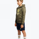 Boy wearing the Osaka kids hoodie in khaki with yellow logo. Full side view