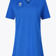 Osaka women v-neck tech dress in princess blue with logo in grey. Front flatlay view