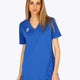 Woman wearing the Osaka women v-neck tech dress in princess blue with logo in grey. Front view