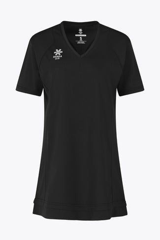 Color Osaka Women Vneck Tech Dress Women v-neck tech dress in black with logo in grey. Front flatlay view