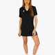 Woman wearing the Osaka women v-neck tech dress in black with logo in grey. Front view