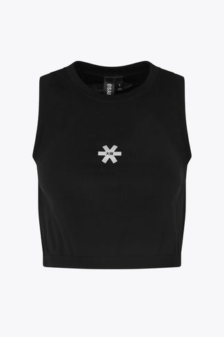 Osaka women tech tank top in black with logo in grey. Front flatlay view