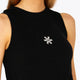Woman wearing the Osaka women tech tank top in black with logo in grey. Front view